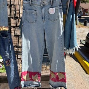 Kensie Denim Flare Jeans with Red and Gold Leaf Details